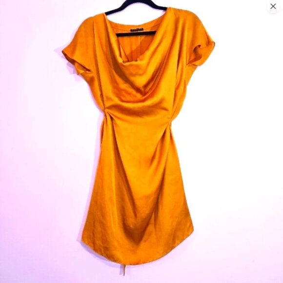 Sisley satin dress gold with ruffled neckline. Comes With Slip dress, size S - Picture 1 of 12